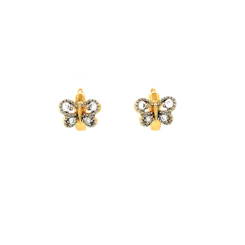 The Butterfly and Zirconia Stones Huggies Earrings in rose gold filled are elegantly showcased against a plain white background, featuring a stunning butterfly design encrusted with sparkling zirconia stones.